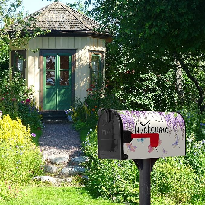 Violet Spring Floral Welcome Mailbox Covers Magnetic Oversized Purple Flowers Dragonflies Mailbox Cover Summer Post Box Cover Wraps Large Size 25.5 X 21 Inch for Home Yard Decorations