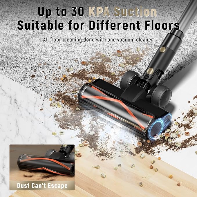 Cordless Vacuum Cleaner, 30Kpa Home Stick Vacuum, Smart Display & 1.5L Dust Cup, 55mins Max Runtime, Rechargeable Lightweight Handheld Vavuum for Pet Hair/Carpet/Hardwood Floor/Car (Golden)