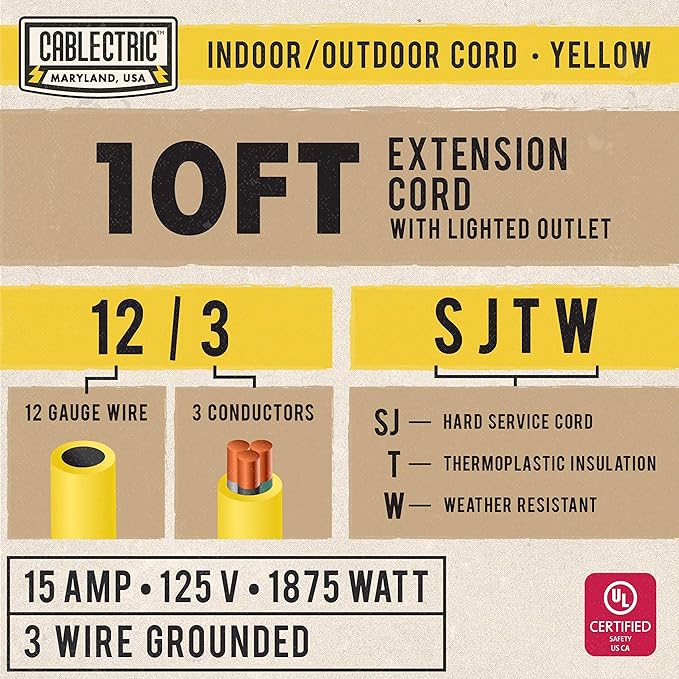 2 Pack 12 Gauge Outdoor Extension Cord 10 ft, 12/3 Heavy Duty Extension Cord 3 Prong Lighted End, SJTW Weatherproof Industrial Electrical Cable for Major Appliances, Proudly American Brand