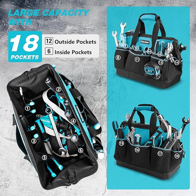 DURATECH 16-Inch Heavy Duty Tool Bag with Waterproof Hard Bottom, Tool Bag Organizer Wide Open Mouth with 18 Pockets, Portable Toolbag for Men Mechanic Electrician Plumber HVAC