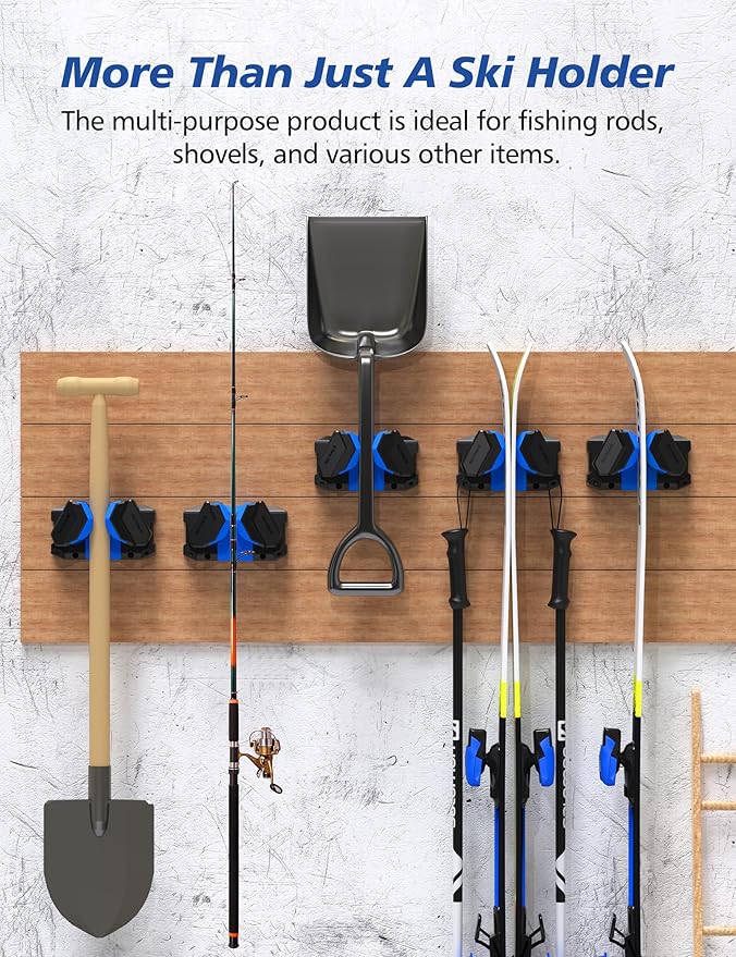 Ski and Snowboard Wall Mount Storage Rack - Heavy Duty Nonslip Organizer for Garage - Fits Any Ski or Snowboard - Tool Organizer - Blue