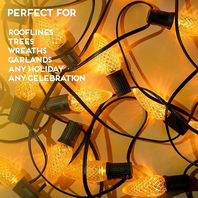 HLO Lighting Set of 25 Yellow C9 Faceted LED Christmas Light Bulbs for Indoor & Outdoor Use | Durable Replacement Bulbs
