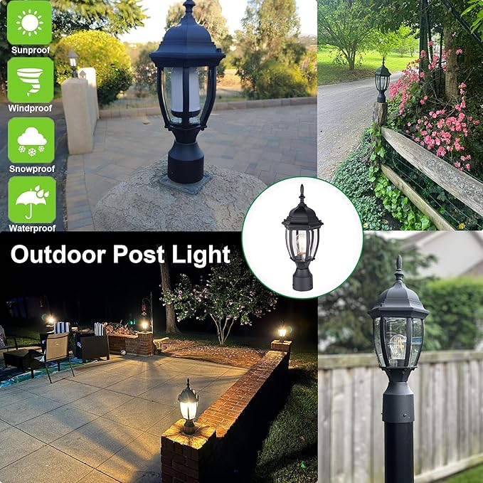 LIT-PaTH Outdoor Post Lighting Fixture Pole Lantern, E26 Medium Base Max 60W, Aluminum Housing Plus Glass, Matte Black Finish, 1-Pack