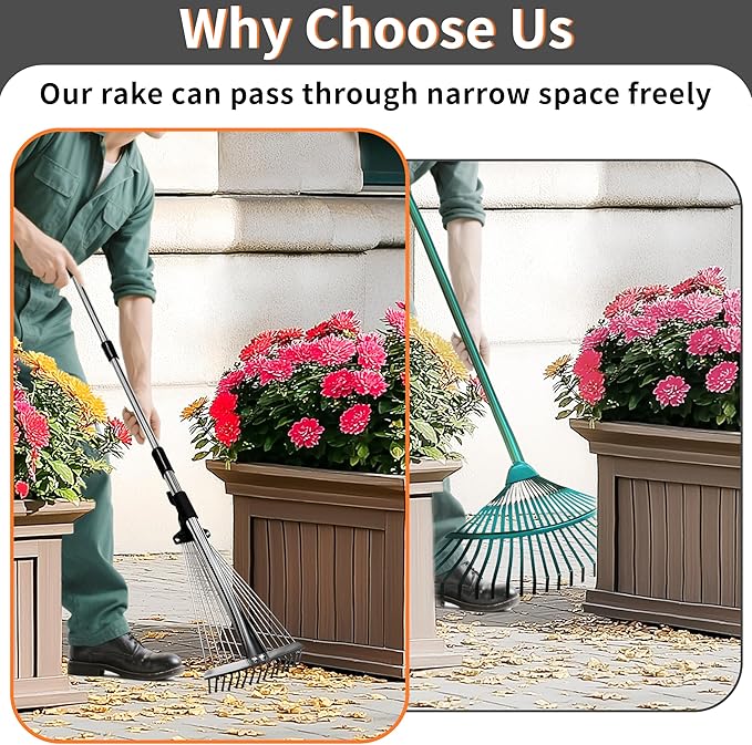 Garden Rake for Leaves – Heavy Duty Metal Leaf Rake for Lawns with Adjustable Handle (33"-69") & Expandable Head (8"-15") – Durable for Lawn, Shrub, Garden Beds – Essential Gardening Tools