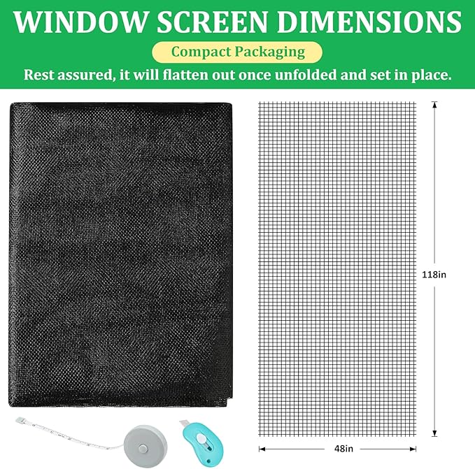 Windows Screen Replacement and Screen Door Repair Kit, 6Pcs Window Screen Fiberglass Mesh Kit - Window Screen & Screen Door Mesh & Screen Porch Repair Kit (Black, 48" x 118")