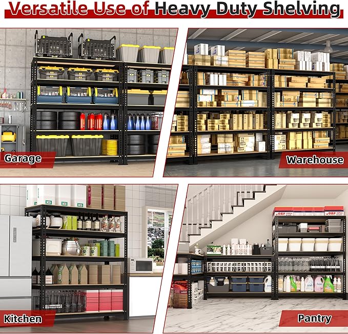 5-Shelf Heavy Duty Shelving - Adjustable Garage Storage Shelves, Metal Utility Storage Racks for Warehouse Pantry Basement Kitchen, Garage Organizers Shef Unit, Black, Packs of 3