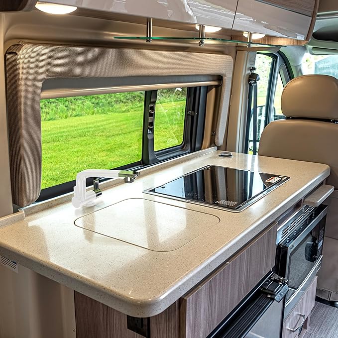 12V Faucet with Switch – German Made 1.5 BAR | Cold Water RV Sink Electric Faucet 360° Swivel Spout, 6A | for Camper Vans, Trailers, Marine Use | Single Hole – 12V Pump Compatible (White)