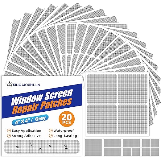 KING MOUNTAIN Grey Window Screen Repair Patch, 20Pcs 4" x 4" Heavy Duty Screen Repair Tape for Window Screen and Screen Door Tears Holes,Strong Adhesive & Waterproof Window Screen Repair Kit