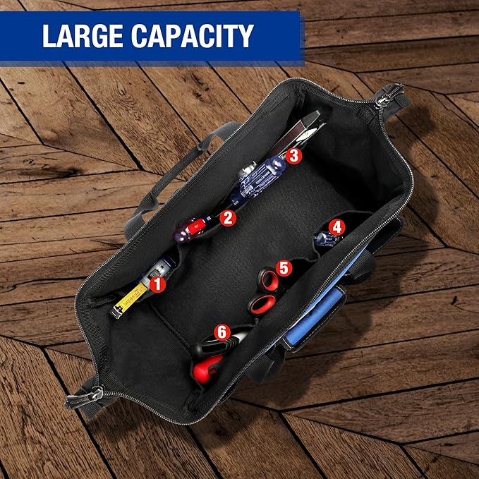WORKPRO 18-inch Close Top Wide Mouth Storage Tool Bag with Adjustable Shoulder Strap, Sturdy Bottom