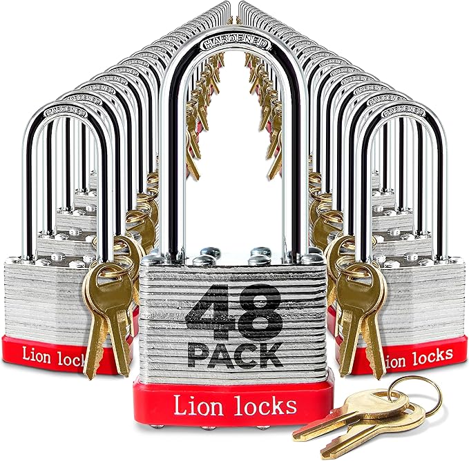 Lion Locks 48 Keyed Alike Padlocks with 2" Long Shackle, 96 Keys - Padlocks for Outdoor Use, Locks with Keys, Hardened Steel Case, Pick Resistant Brass Pin Cylinder for Hasp Latch, Locker, Gate