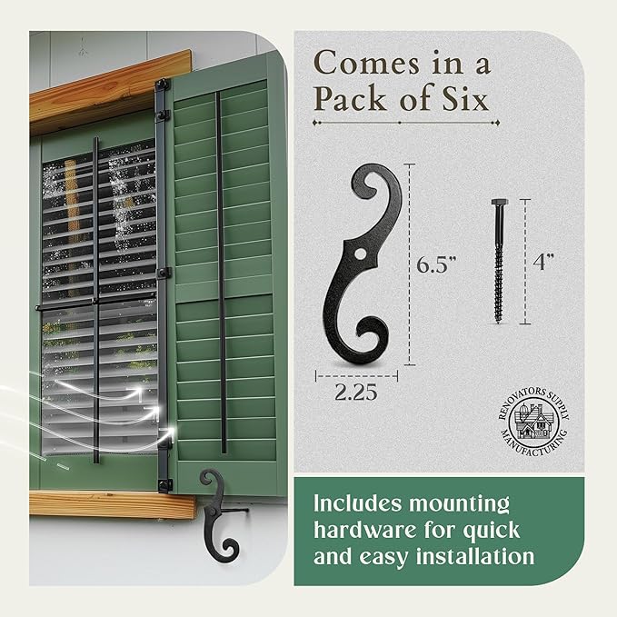 Renovators Supply Cast Aluminum Shutter Fasteners - Decorative S Style Shutter Dogs Hardware - Weatherproof Powder Coated External Shutter Tieback Including Mounting Screws - 6.5 Inches, Pack of 6