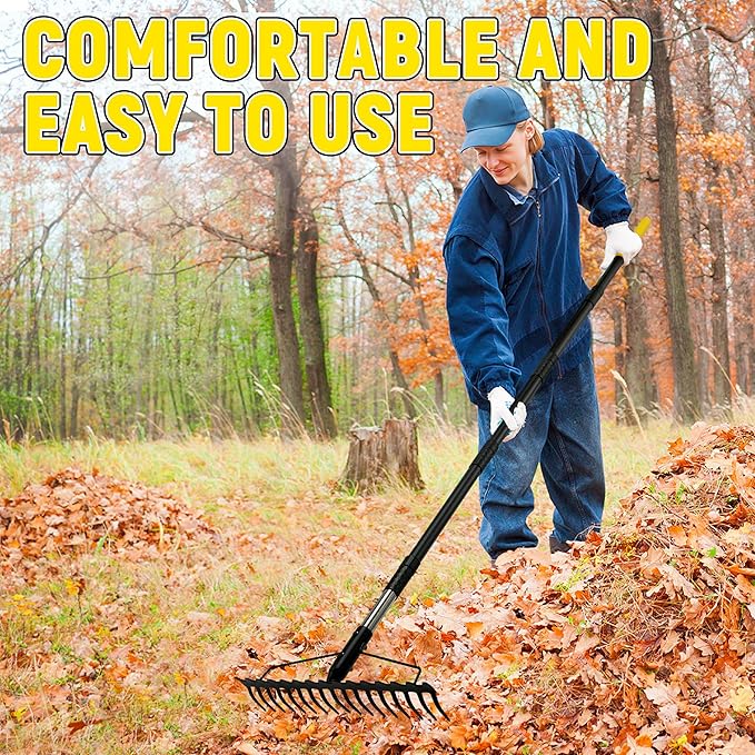 Bow Rake, 68-Inch Adjustable Handle Garden Rake with 17 Steel Tines, Heavy Duty Dual-Sided Metal Rake Landscape Gardening Tool for Soil Loosening Lawn Yard Leaves Mulch Thatch Removing