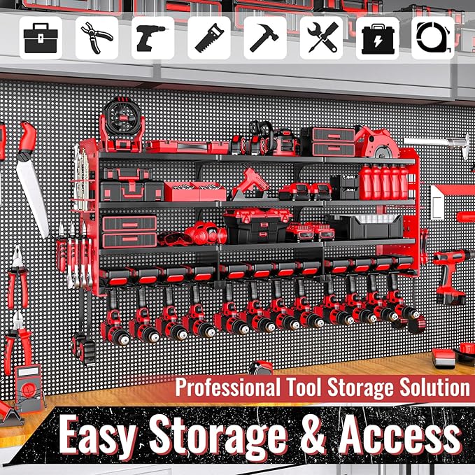 Large Power Tool Organizer Wall Mount-12 Drill Holder, Metal Heavy Duty Garage Tool Storage Shelves with Screwdriver Plier Holder, Gifts Idea for Men Dad Husband