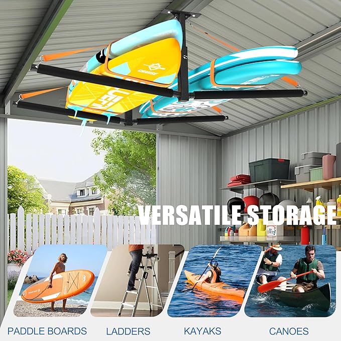 Double Paddleboard and Surfboard Garage Ceiling Storage Racks, Adjustable Height Overhead Storage Ladder Hanger, Heavy Duty Kayak Ceiling Storage with Fix Straps, Holds 200 lbs, Black