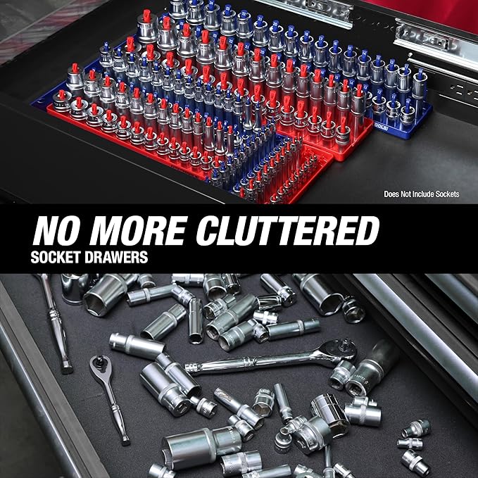 OEMTOOLS 22237 6 Piece SAE and Metric Socket Tray Set, SAE and Metric Socket Storage for Sizes 1/4", 3/8”, and 1/2" Drive, Socket Holders and Socket Organizer Tray for Toolbox, Red and Blue