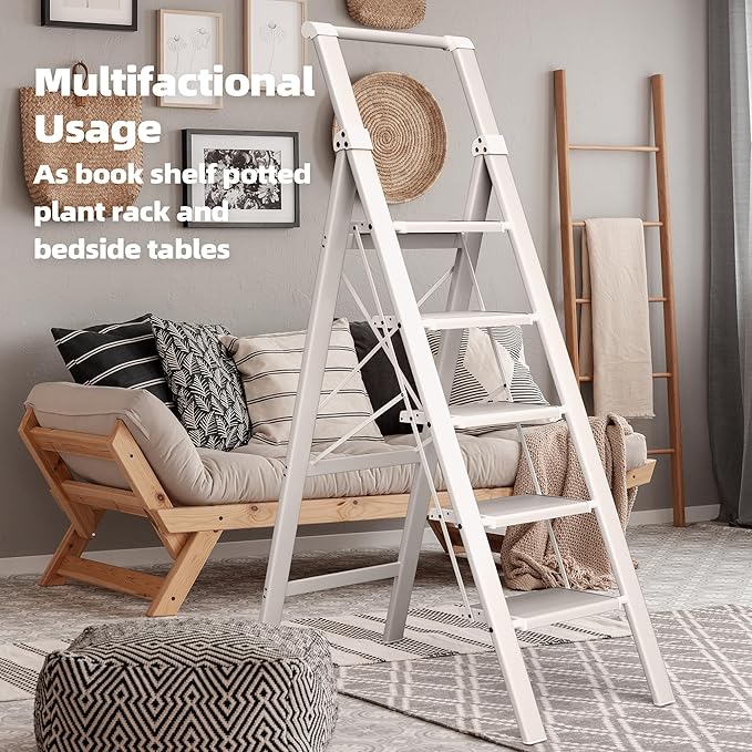 HillhutApex 5 Step Foldable Aluminum Step Ladder with Handgrip, Anti-Slip Pedal, 330 lbs Capacity, Lightweight & Portable for Home, Kitchen, Office, Garage (White)