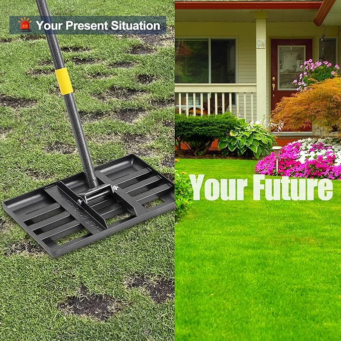 Professional Lawn Leveling Rake with 17x10in Heavy-Duty Stainless Steel Head & 60" Adjustable Handle - Grass Leveling Tool for Quick Soil Grading, Thatch Removal and Yard Maintenance