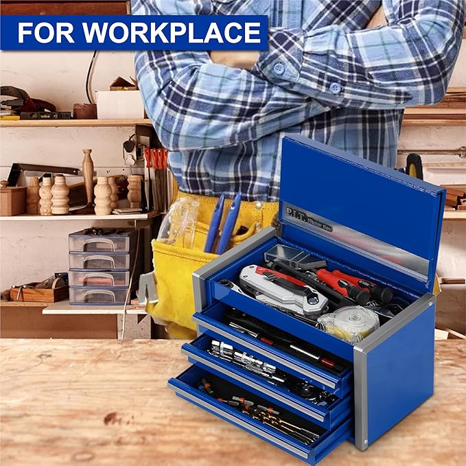 P.I.T. Mini Blue Tool Box, Portable 3 Drawer Steel Stackable Tool Box with Magnetic Tab Locking, Blue Micro Top Chest with Liner for Tools Storage and Organizers, Home DIY