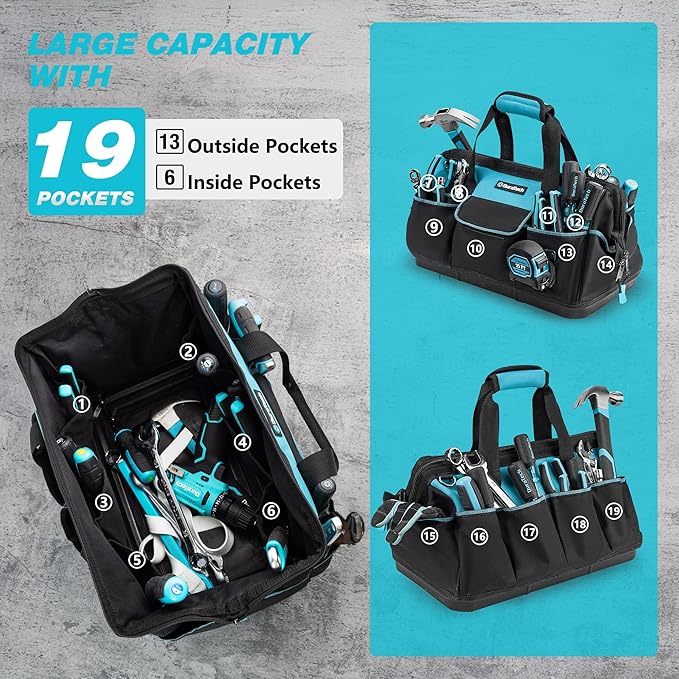 DURATECH 18-Inch Large Tool Bag with Waterproof Hard Bottom, Tool Bags for Men Heavy Duty with 19 Pockets, Wide Open Mouth Toolbag for Electricians Mechanic Plumber HVAC