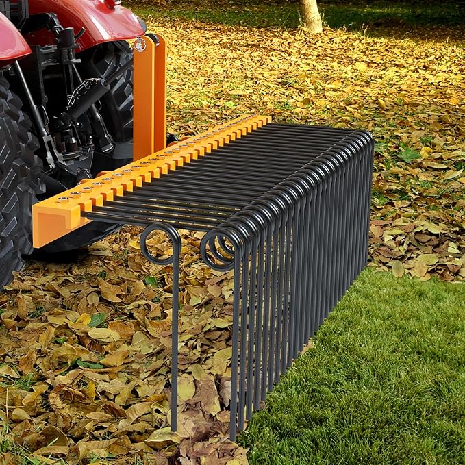 60 Inch 3 Point Tractor Rake, Pine Straw Needle Rake, Durable Powder Coated Steel Spring Landscape Rakes Fit for Cat0, Cat1, Orange