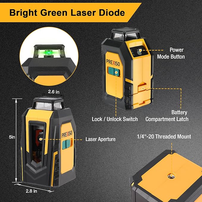 PREXISO 360° Laser Level with Tripod, 100Ft Cross Line Leveler- Green Horizontal Line Laser Level Self Leveling for Construction, Floor Tile Renovation with Target Plate, Green Glasses, 4 AA Batteries