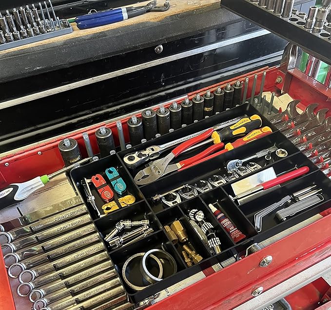 MLTOOLS Tool Drawer Organizer Tray - 10-Compartment Home & Garage Tool Tray - Stackable Workbench Toolbox Organization Holder for Small Parts, Batteries, Supplies - Made in The USA - OT10R Red