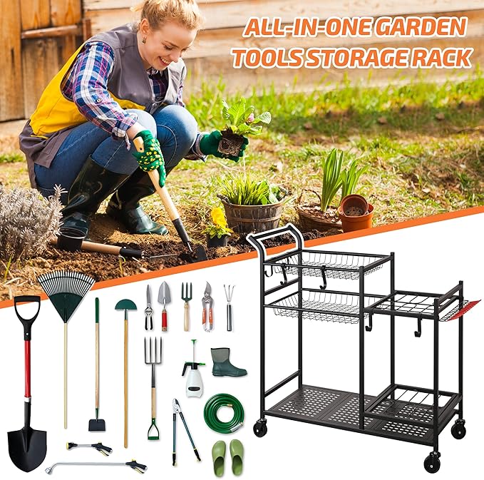 PLKOW Garden Tool Organizer with Wheels, Garden Tool Rack, Yard Tool Holder for Rakes, Shovel, Fertilizer, Garden Tool Storage for Garage, Shed, Outdoor
