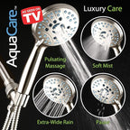 Hotel Spa AquaCare High Pressure 8-mode Handheld Shower Head - Anti-clog Nozzles, Built-in Power Wash to Clean Tub, Tile & Pets, Extra Long 6 ft. Hose, Wall & Overhead Brackets - 1.8 GPM