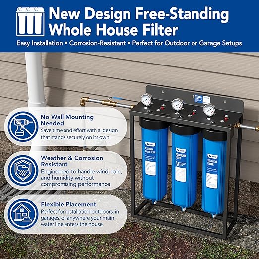 HQUA WF3-02 3-Stage Free-Standing Whole House Water Filtration System, Reduces Heavy Metals (Lead, Mercury, Copper, Nickel, Chromium), Chloramine, Sediment, Odor, and VOC’s