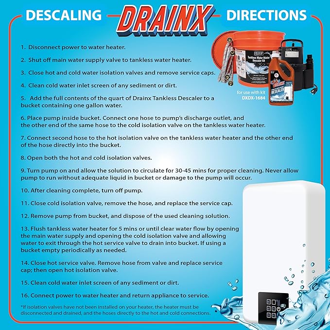 DrainX Tankless Water Heater Flushing Kit with Eco-safe Liquid Descaler Solution, Steel Hoses, 1/6HP Extra Strength Pump