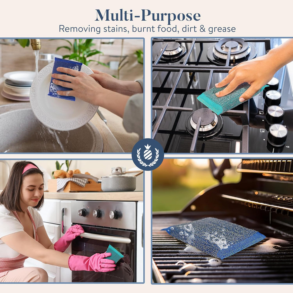 Simplified 6-Pack Steel Scouring Sponges with Rust Resistant Stainless Steel Threading for Home and Kitchen Cleaning Supplies, Heavy Duty Cleaning Sponge for Kitchen & Bathroom, Blue/Green