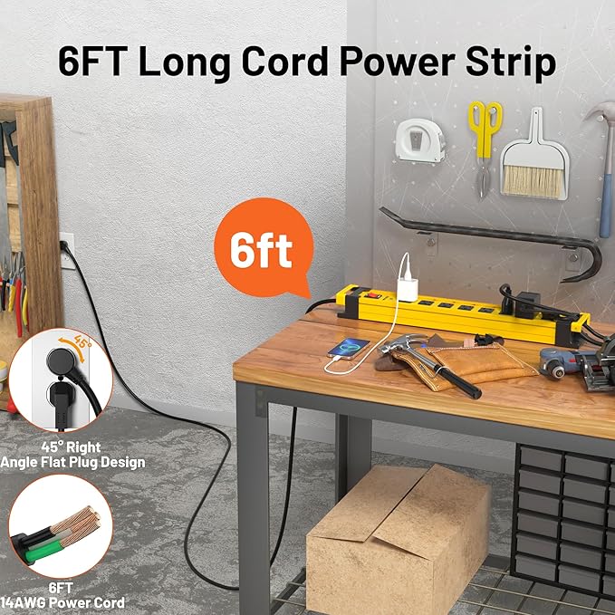 Plug'n 8 Outlet Long Power Strip,2700J Surge Protector with Individual Switches,Wide Spaced,Heavy Duty Power Strip with 6FT/14AWG/15A Power Cord and Flat Plug for Workshop,Garage,Industrial,Home