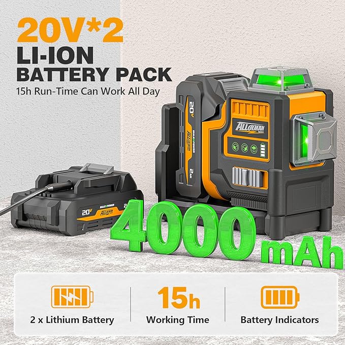 Alloyman Max 20V Laser Level with Tripod, 3x360° Self-Leveling Laser level, 3D Lazer Leveler Tool for Construction, Picture Hanging with Strong Magnetic Bracket & Hard Carry Case