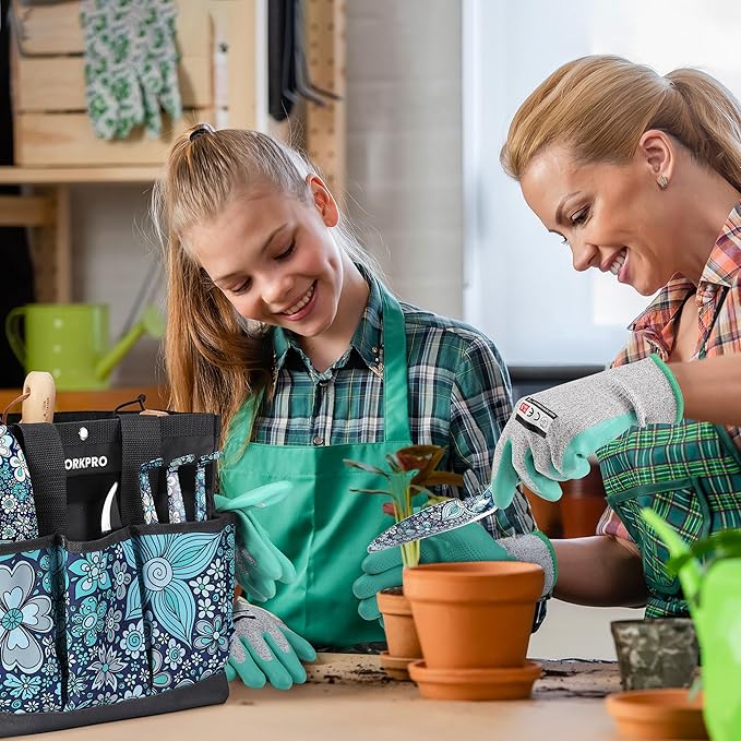 WORKPRO 5PCS Garden Tool Set, Aluminum Heavy Duty Gardening Tool Set with Garden Tool Bag, Outdoor Garden Hand Tools, Floral Blue