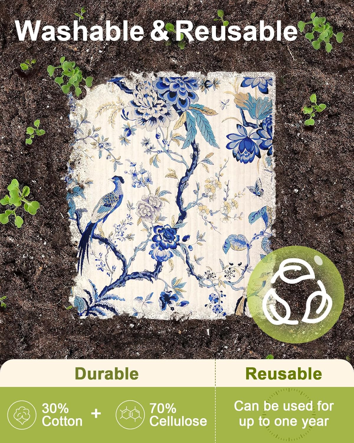 6 Pack Swedish Dishcloths for Kitchen - Reusable Dish Cloths for Washing Dishes Absorbent Cute Funny Kitchen Towels Cleaning Sponge, Blue Floral