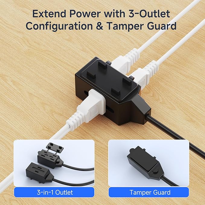 Cable Matters [UL Listed] 2-Pack 16 AWG 2 Prong Extension Cord 10 ft, 13A 3-Outlet Extension Cords with Tamper Guard, 13 Amp, 1625 Watts, Black