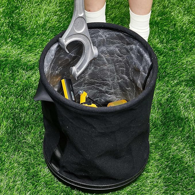 1 Pack Utility Canvas Tool Bucket 15 x 12 All Purpose Canvas Bucket Bag, Truck Tool Organizer with Plastic Bottom Metal Hook for Store Work Accessory, Load Capacity up to 150 Lbs (Black)