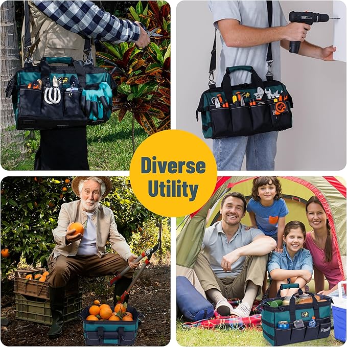 Garden Tool Bag Organizer – 13 Pocket Heavy-Duty Gardening Tote with 7 Outer & 6 Inner Compartments, Anti-Slip Base, Adjustable Shoulder Strap & Belt – Garden Organizers and Storage (Green)