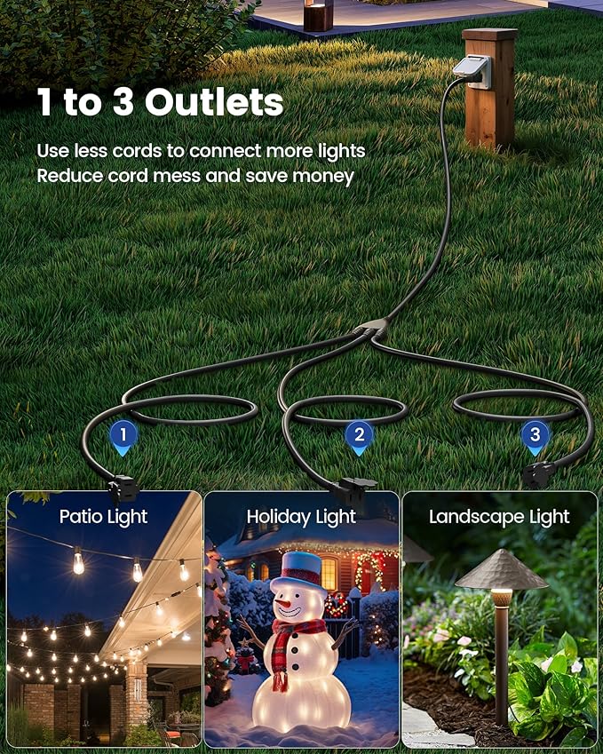 SURAIELEC Outdoor Extension Cord with Multiple Outlets,1-3 Multi Plug Splitter, (5+5+5+5) 20FT Total, 10FT End to End, 16/3C SJTW, for Landscape, Christmas Lights, Halloween Decorations, Black