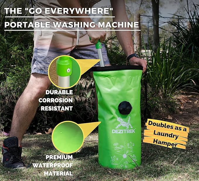 One Hand Wash Bag and Plunger Set - Off Grid Washing Machine Non Electric for Camping Travel | Eco Friendly Portable Manual Clothes