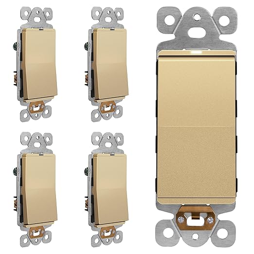LIDER Minimalist Design Matte Finish Lighted Decorator Switch, Frameless Paddle Light Switch with Locator Light, Grounding Screw, 3-Way or Single Pole, 15A 120V, UL Listed, LS15-3W-GD5P, Gold, 5 Pack