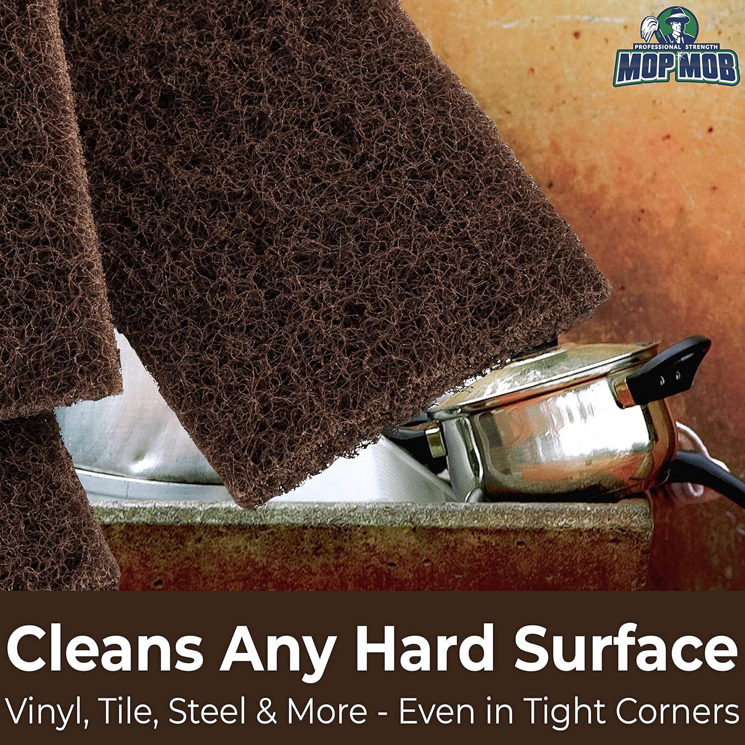 Heavy Duty XL Brown Scouring Pad 5 Pack. 10 x 4.5in Large Multipurpose Nylon Scrubbing Sponges. Clean Bathrooms, Kitchens, Counters and Floors to Erase Grime and Make Surfaces Sparkle