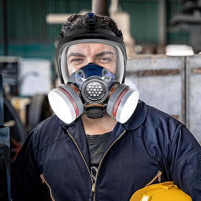 Full Face Organic Vapor Respirator - Protective Eye & Nose Shield with Anti-Fog Heavy Duty Lens & Adjustable - Chemical, & Particulate Respirator. Includes 2 Filter Cartridges - Industrial Grade