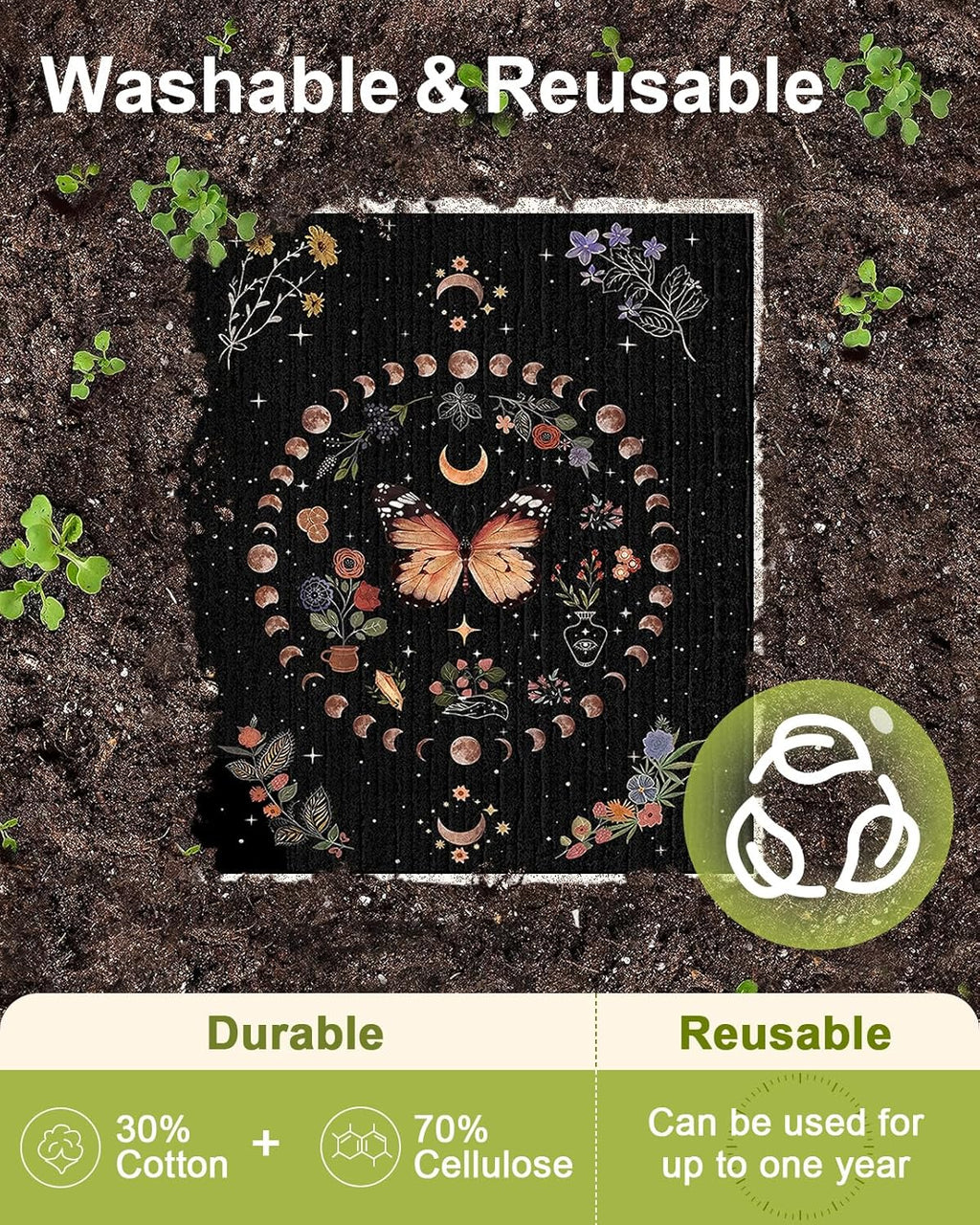 6 Pack Swedish Dishcloths for Kitchen - Reusable Dish Cloths for Washing Dishes Absorbent Cute Funny Kitchen Towels Cleaning Sponge, Moon Butterfly