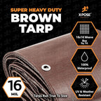 12' x 25' Super Heavy Duty 16 Mil Brown Poly Tarp Cover - Thick Waterproof, UV Resistant, Rip and Tear Proof Tarpaulin with Grommets and Reinforced Edges - by Xpose Safety