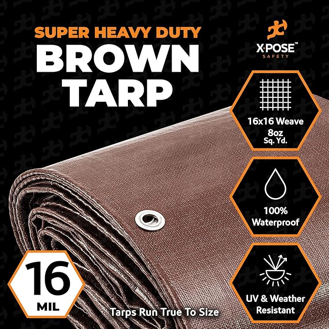12' x 25' Super Heavy Duty 16 Mil Brown Poly Tarp Cover - Thick Waterproof, UV Resistant, Rip and Tear Proof Tarpaulin with Grommets and Reinforced Edges - by Xpose Safety