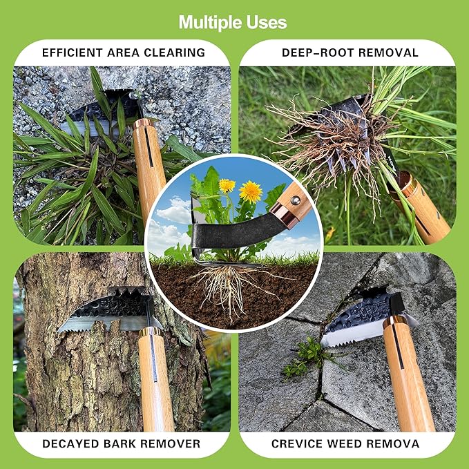 AON All-Purpose Japanese Weeding Sickle & Razor Hand Hoe, Forged Steel Weed Puller Tool with Sharp Edge & 4-Tine for Digging, Weeding, Uprooting in Vegetable Gardening, Backyard or Raised Garden Beds
