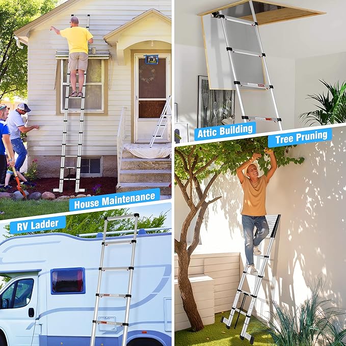 15.5 FT Aluminum Telescoping Ladders - One-Button Retraction Collapsible Extension Ladder for Home,RV,Attic,Lasts 330 LBS with Swivel Feet and Non-Slip Cushion
