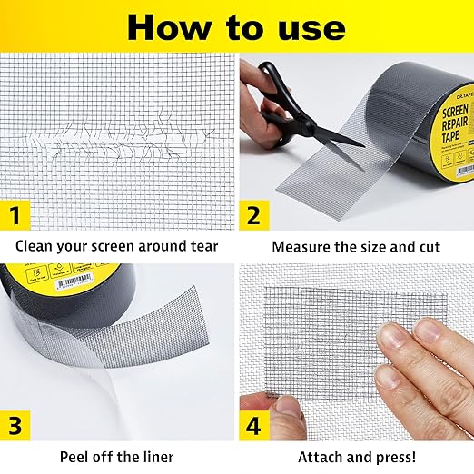 Black Window Screen Repair Tape, 4 in X 15 FT, Screen Repair Kit for Windows or Doors, Strong Adhesive Patch Kit Fiberglass Mesh Tape