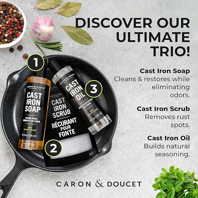 CARON & DOUCET – Ultimate Cast Iron Set PLUS: Seasoning Oil, Cleaning Soap & Restoring Scrub | 100% Plant-Based & Best for Cleaning Care, Washing, Restoring & Seasoning Skillets, Pans & Grills!